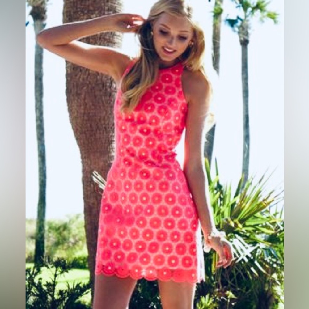 LILLY PULITZER Neon Pink Floral Pinwheel Lace & Pearl Mini Shift Dress